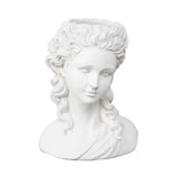 White marble bust of a classical woman on a white background
