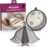 Batlicious oven mitt and trivet set with packaging on a white background