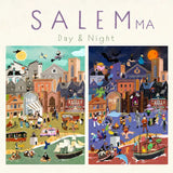 Two illustrations of Salem, MA during day and night, showing people and activities.