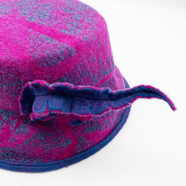 Hat Cloche Felt Fuchsia Blue Feather