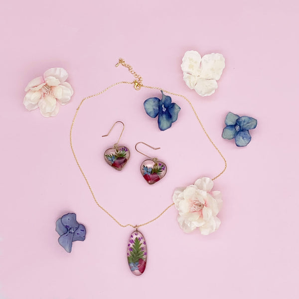 Earrings - Heart with Natural Flowers