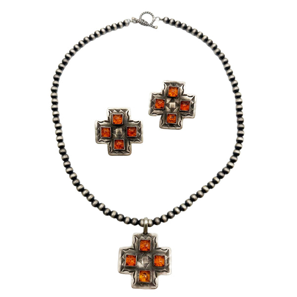 Necklace/Earring Set Amber Silver Cross