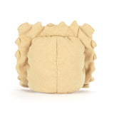 Plush toy ravioli with a smiling face on a white background