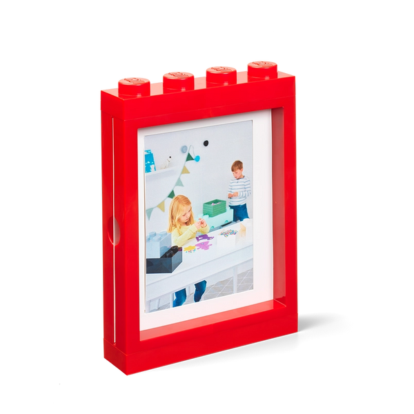 Red LEGO-style picture frame on a white background