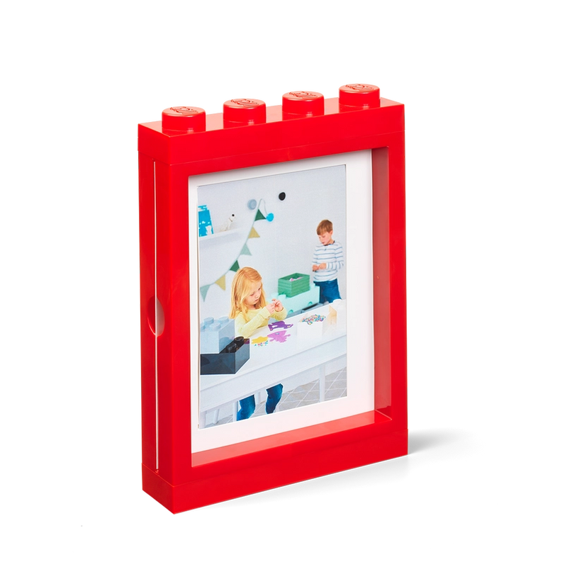 Red LEGO-style picture frame on a white background