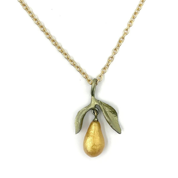 Gold necklace with a pear-shaped pendant on a white background