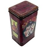 Vintage tin box with colorful graphics on a white background