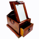 A vintage Chinese painted wooden jewelry box with a drawer and a foldable mirror. The box is open, displaying its interior and the exterior's detailed gold-painted designs of birds, fruits, and flowers.