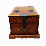 A vintage Chinese painted wooden jewelry box with a drawer and a foldable mirror.  The exterior's detailed gold-painted designs of birds, fruits, and flowers.